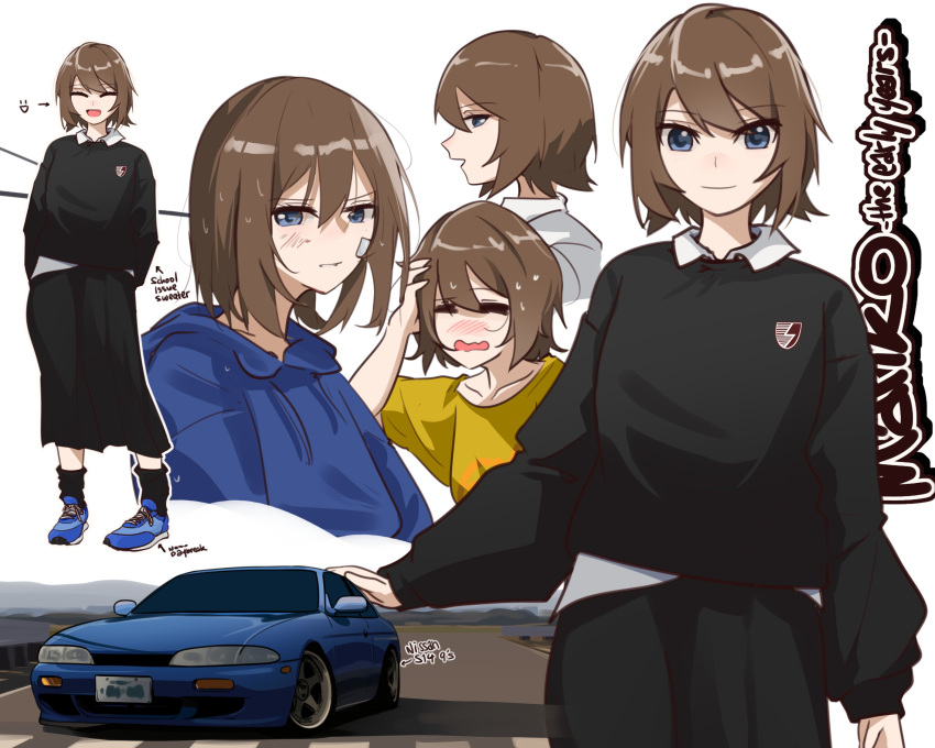 1girl, absurdres, arms_behind_back, asamiya_mariko, black_skirt, black_socks, black_sweater, blue_eyes, blue_footwear, brown_hair, car, character_name, closed_mouth, english_commentary, english_text, highres, holeecrab, long_sleeves, looking_at_viewer, loose_socks, motor_vehicle, multiple_views, nissan, nissan_s14_silvia, nissan_silvia, open_mouth, original, scratches, shirt, short_hair, simple_background, skirt, smile, socks, sweater, vehicle_name, white_background, yellow_shirt