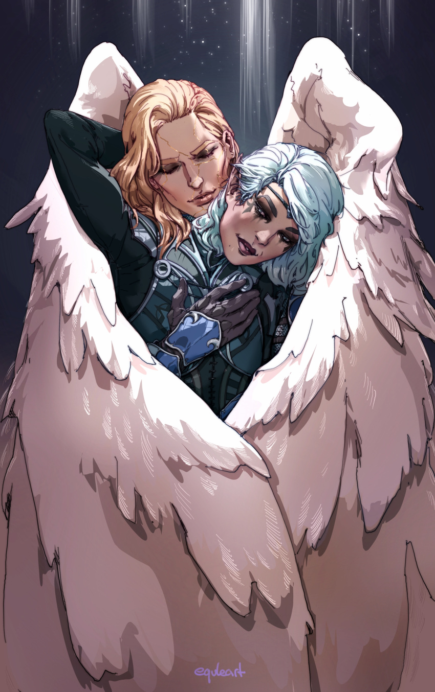 2girls, absurdres, angel_wings, arm_up, armor, baldur's_gate, baldur's_gate_3, blonde_hair