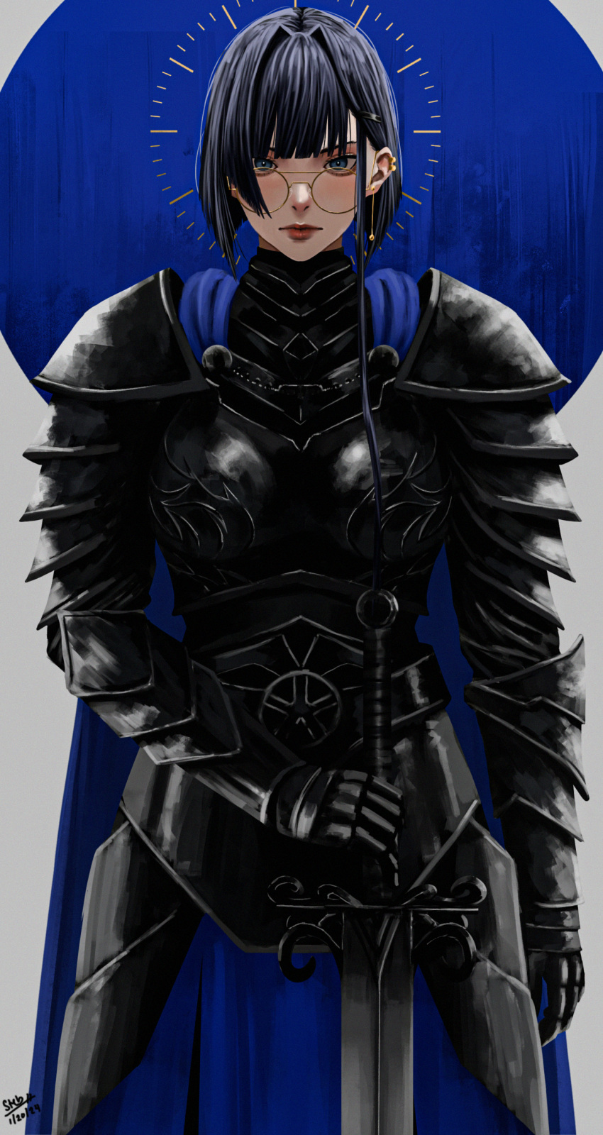 1girl, absurdres, alternate_costume, armor, armored_gloves, black_armor, blue_cape, blue_eyes, blue_hair, blue_loincloth, breastplate, breasts, cape, clock, dated, ear_piercing, glasses, gloves, highres, holocouncil, hololive, hololive_english, knight, large_breasts, loincloth, ouro_kronii, piercing, short_hair, signature, steb, sword, virtual_youtuber, weapon, white_background