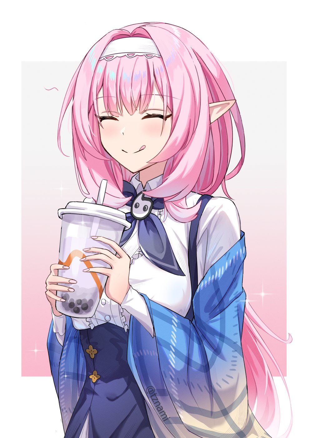 1girl, :q, ^_^, blue_jacket, bubble_tea, closed_eyes, commentary, cup, elysia_(honkai_impact), hairband, highres, holding, holding_cup, honkai_(series), honkai_impact_3rd, jacket, medium_hair, nami_(tznami), off_shoulder, pink_hair, pointy_ears, portrait, shirt, smile, solo, suspenders, tongue, tongue_out, upper_body, white_hairband, white_shirt