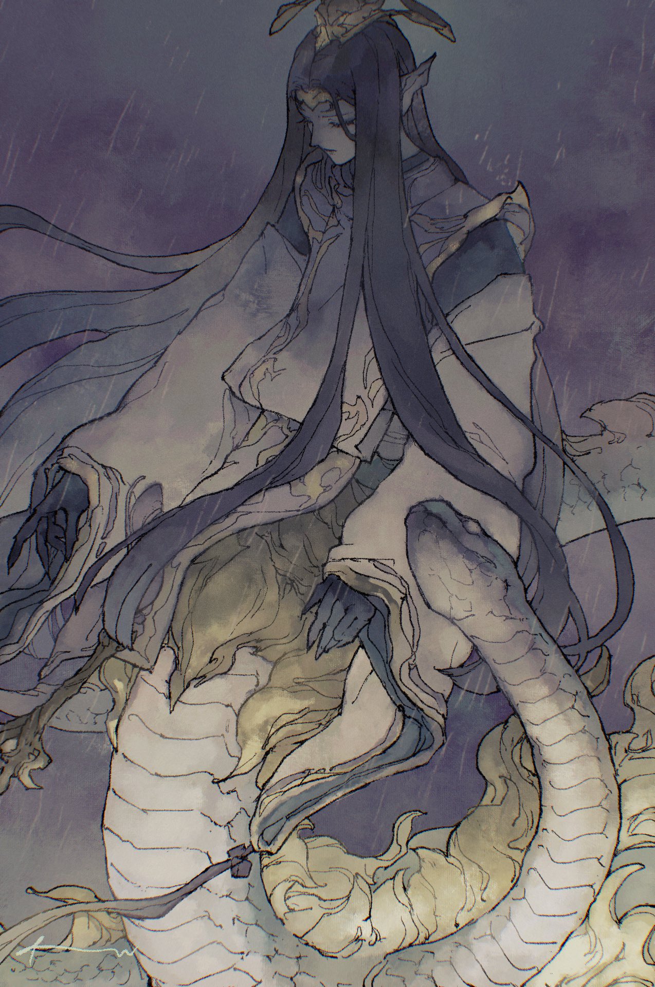 1boy, androgynous, animal_hands, black_hair, circlet, closed_eyes, clothing_request, colored_skin