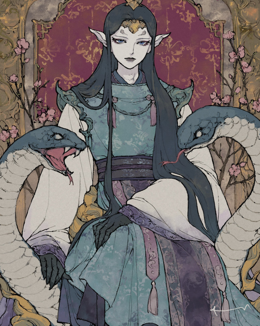 1boy, androgynous, animal, animal_hands, black_hair, black_lips, blue_eyes, branch, cherry_blossoms, circlet, clothing_request, cowboy_shot, dadadadadaist, expressionless, facial_mark, final_fantasy, final_fantasy_xiv, fingernails, forehead_mark, hand_on_own_knee, headpiece, highres, long_hair, long_sleeves, looking_at_viewer, male_focus, pointy_ears, seiryu_(ff14), sharp_fingernails, sitting, snake, solo, straight_hair, tassel, wide_sleeves