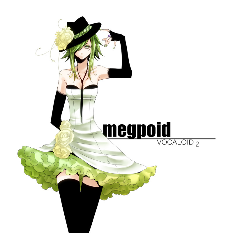 black_gloves, black_legwear, dress, elbow_gloves, fedora, fingerless_gloves, flower, frills, frilly_dress, gathers, gloves, green_eyes, green_hair, gumi, hair_over_one_eye, har, haruma_(high_drop), hat, jewelry, nail_polish, neck_ribbon, ring, rose, simple_background, solo, thigh_highs, thighhighs, vocaloid, white_dress, yellow_rose, zettai_ryouiki