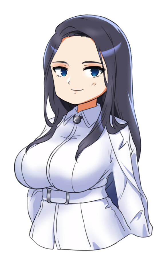 1girl, black_hair, blue_cape, blue_eyes, breasts, cape, closed_mouth, coat