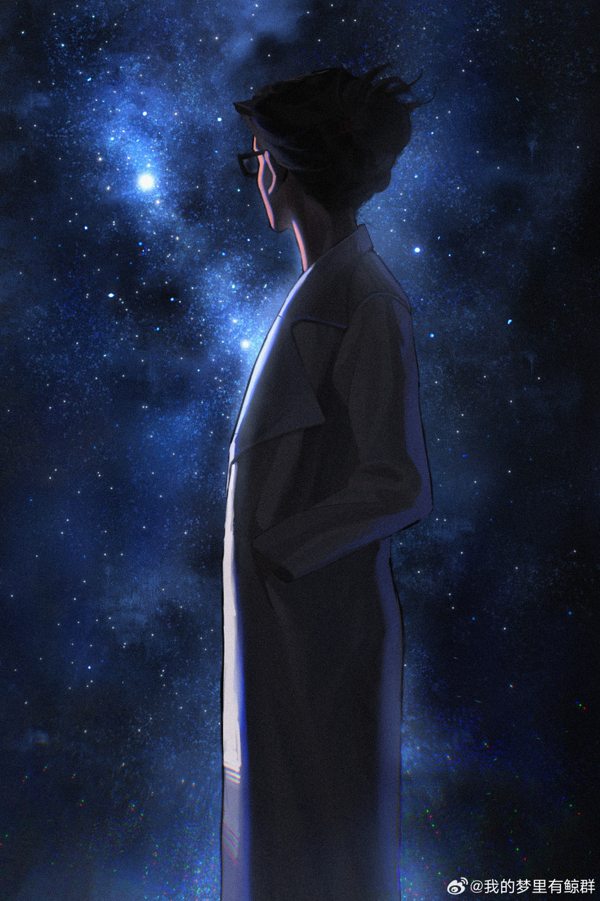 1girl, absurdres, backlighting, black-framed_eyewear, black_hair, chromatic_aberration, coat, cowboy_shot