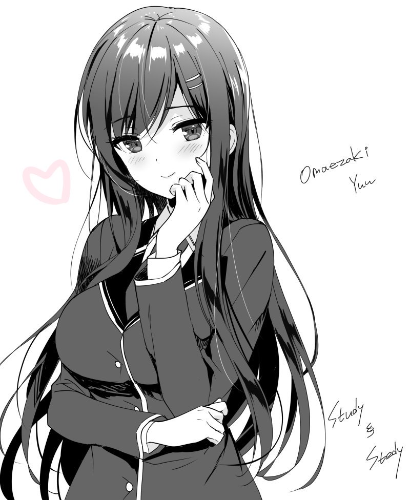 1girl, black_hair, blush, breasts, character_name, emily_(pure_dream), hair_ornament, hairclip