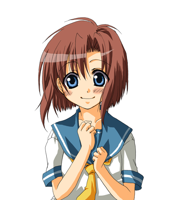 blush, brown_hair, higurashi_no_naku_koro_ni, ryuuguu_rena, school_uniform, serafuku, short_hair, smile