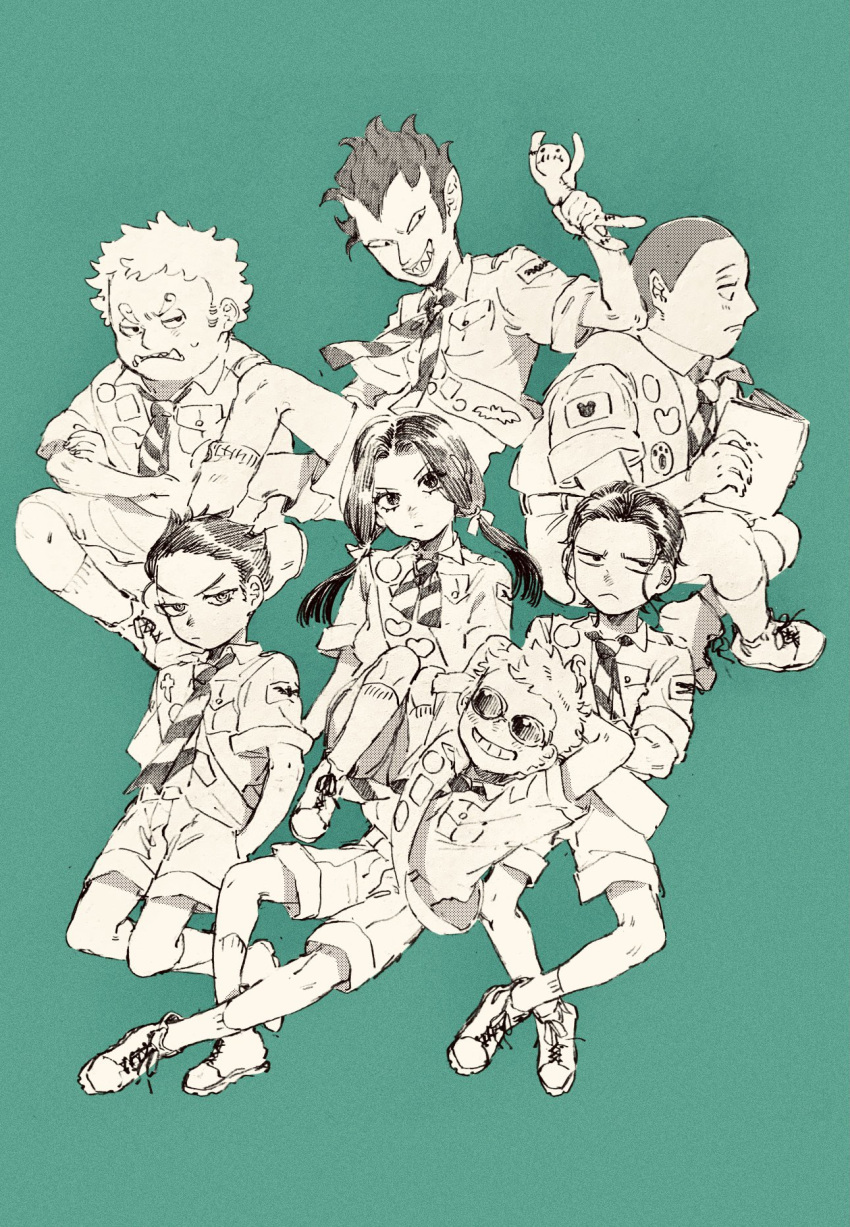 1girl, 6+boys, aged_down, arms_behind_head, bartholomew_kuma, black_hair, blonde_hair, boa_hancock