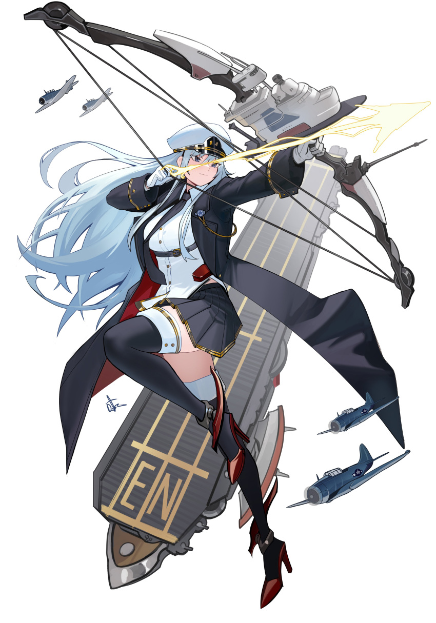 1girl, absurdres, aircraft, airplane, azur_lane, black_coat, black_necktie, black_thighhighs