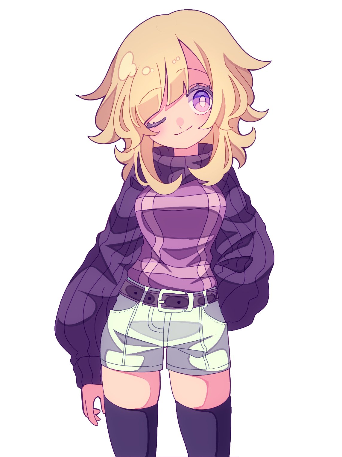 1girl, alternate_costume, arm_at_side, arm_behind_back, asymmetrical_bangs, belt, black_socks, black_thighhighs, blonde_hair, blunt_bangs, casual, closed_mouth, colored_eyelashes, commentary, contrapposto, cowboy_shot, curly_hair, dot_nose, eyelashes, flipped_hair, head_tilt, highres, long_hair, long_sleeves, looking_to_the_side, one_eye_closed, parted_bangs, pocket, puffy_long_sleeves, puffy_sleeves, purple_belt, raised_eyebrows, rueruechn, shadow, shorts, sidelocks, simple_background, smile, socks, standing, sweater, tareme, thigh-highs, turtleneck, turtleneck_sweater, unusually_open_eyes, urotsuki, violet_eyes, white_background, white_shorts, yume_2kki