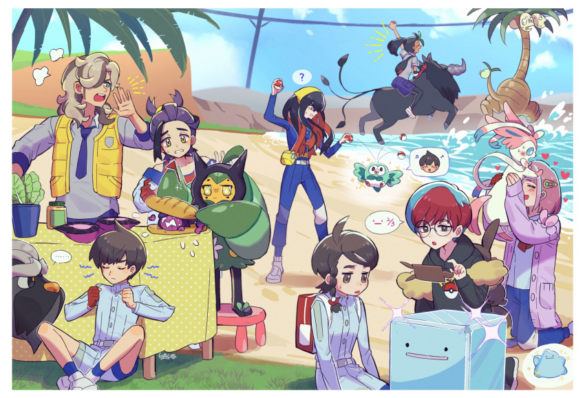 3boys, 5girls, ?, absurdres, alolan_exeggutor, alternate_color, arven_(pokemon), backpack