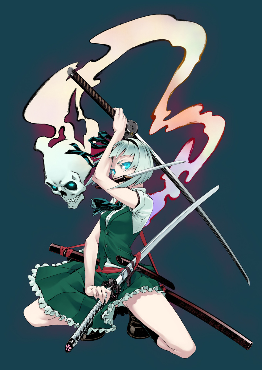 blue_eyes, blue_panties, colored_eyelashes, eyelashes, ghost, glowing, glowing_eyes, green_hair