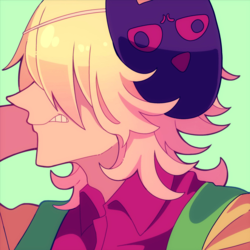 1boy, androgynous, apron, arm_up, clenched_teeth, collared_shirt, curly_hair, flipped_hair