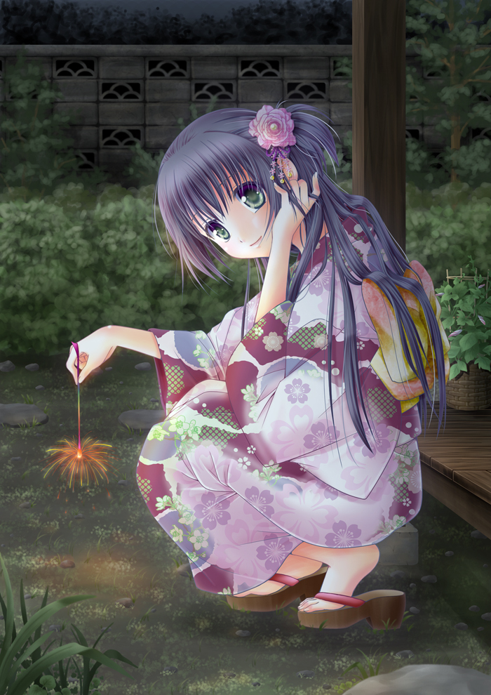 fireworks, flower, green_eyes, hair_flower, hair_ornament, hiyori, japanese_clothes, kimono