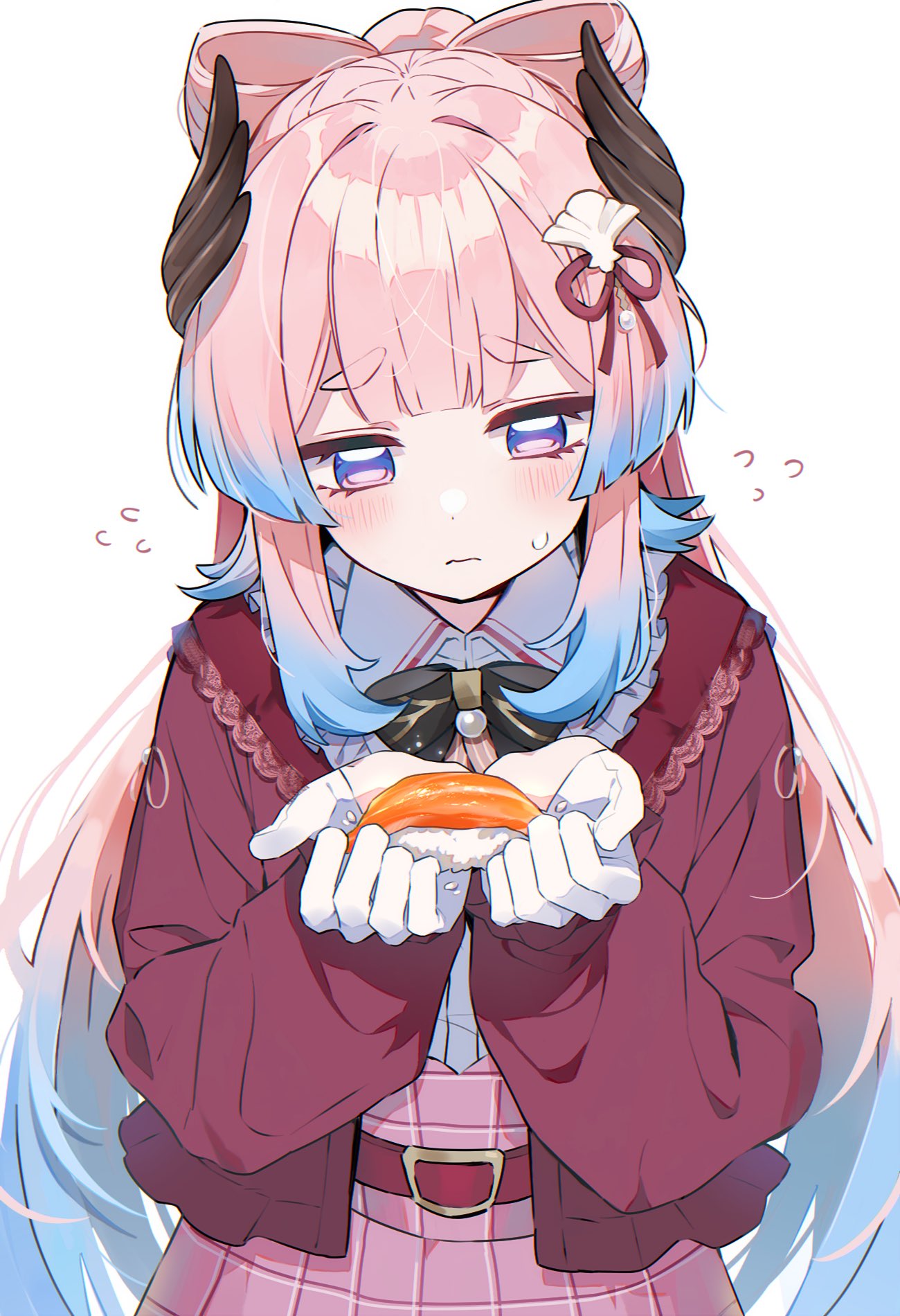 1girl, belt, black_bow, black_bowtie, blue_hair, bow, bow-shaped_hair, bowtie
