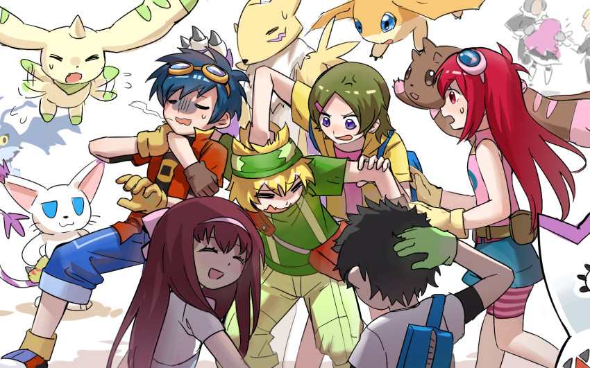 4girls, 5boys, asuka_(digimon), belt, cat, culumon, digimon, digimon_story:_lost_evolution