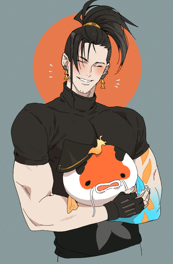 1boy, animal, beard_stubble, black_hair, black_shirt, blush, earrings, english_commentary, facial_hair, fingerless_gloves, gloves, high_ponytail, holding, holding_animal, holostars, holostars_english, jewelry, josuiji_shinri, koipanion_(josuiji_shinri), long_hair, male_focus, mature_male, muscular, muscular_male, screetuber, shirt, smile, solo, standing, stubble, tassel, tassel_earrings, tight_clothes, tight_shirt, upper_body, virtual_youtuber