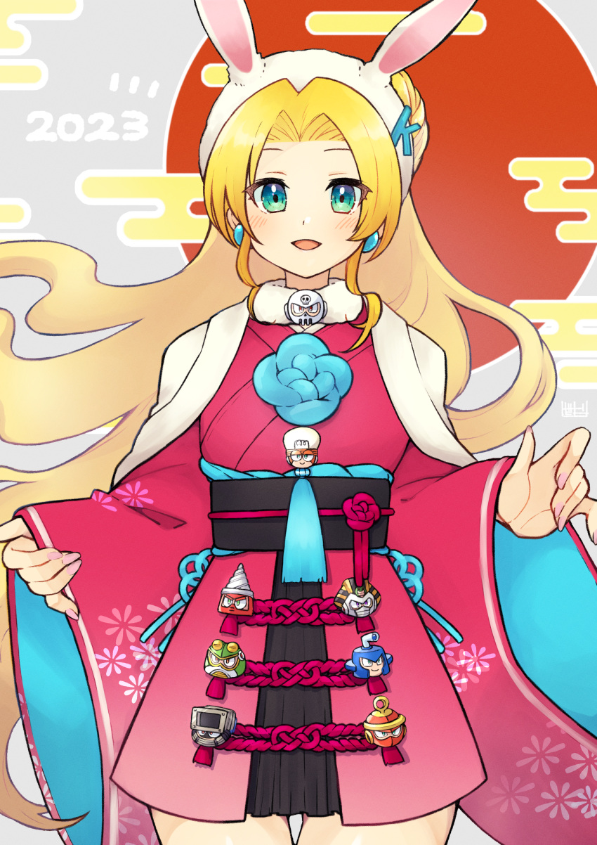 1girl, 2023, blonde_hair, blush, bright_man, character_request, copyright_request, dive_man