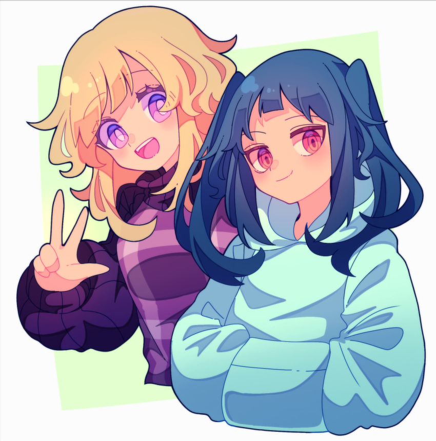 2girls, black_hair, blonde_hair, blue_hoodie, blush, character_request, closed_mouth, highres