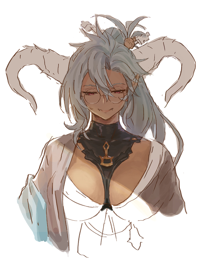 1girl, breasts, closed_mouth, commentary_request, dark-skinned_female, dark_skin, fangs, fangs_out