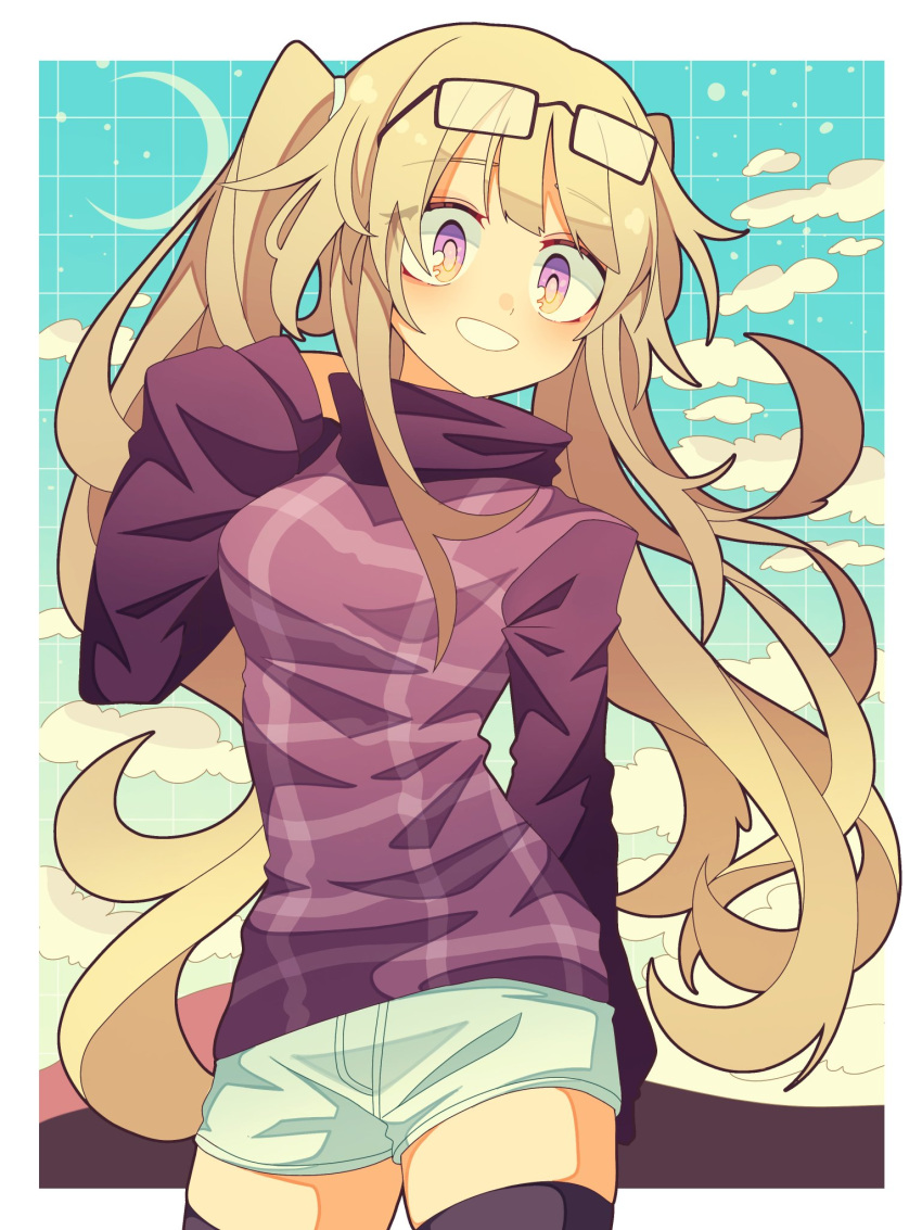 1girl, black-framed_eyewear, black_thighhighs, blonde_hair, eyewear_on_head, glasses, highres, long_hair