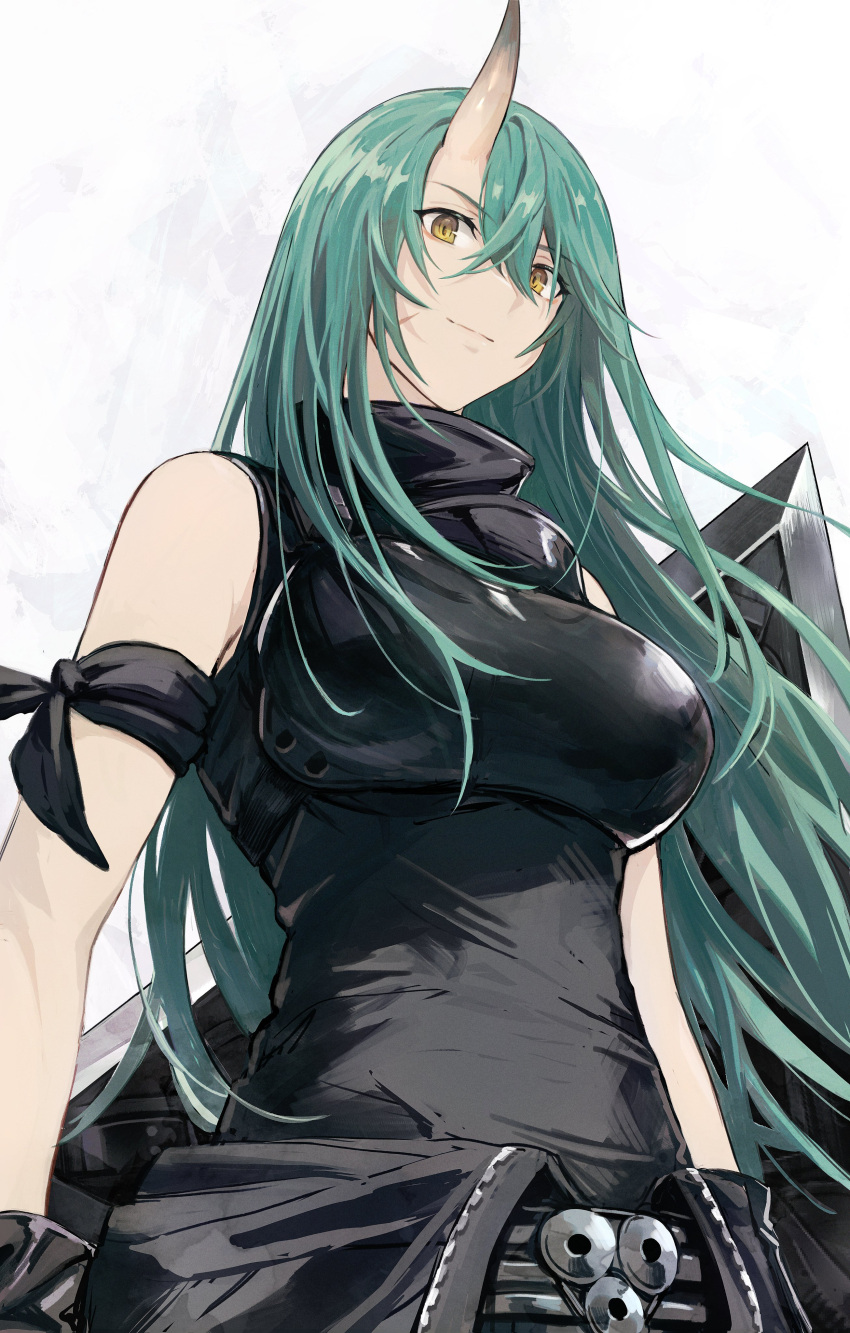 1girl, absurdres, arknights, arm_scarf, black_gloves, black_pants, black_sweater, breasts