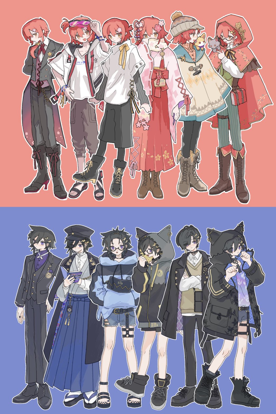 2boys, animal_ear_hood, animal_ears, black_footwear, black_hair, black_pants, blush, boots