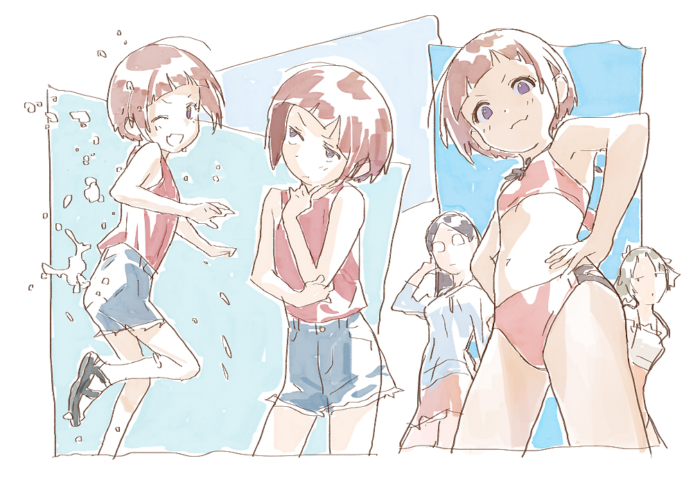 3girls, bare_arms, bare_shoulders, bikini, blunt_bangs, brown_hair, collage, commentary_request
