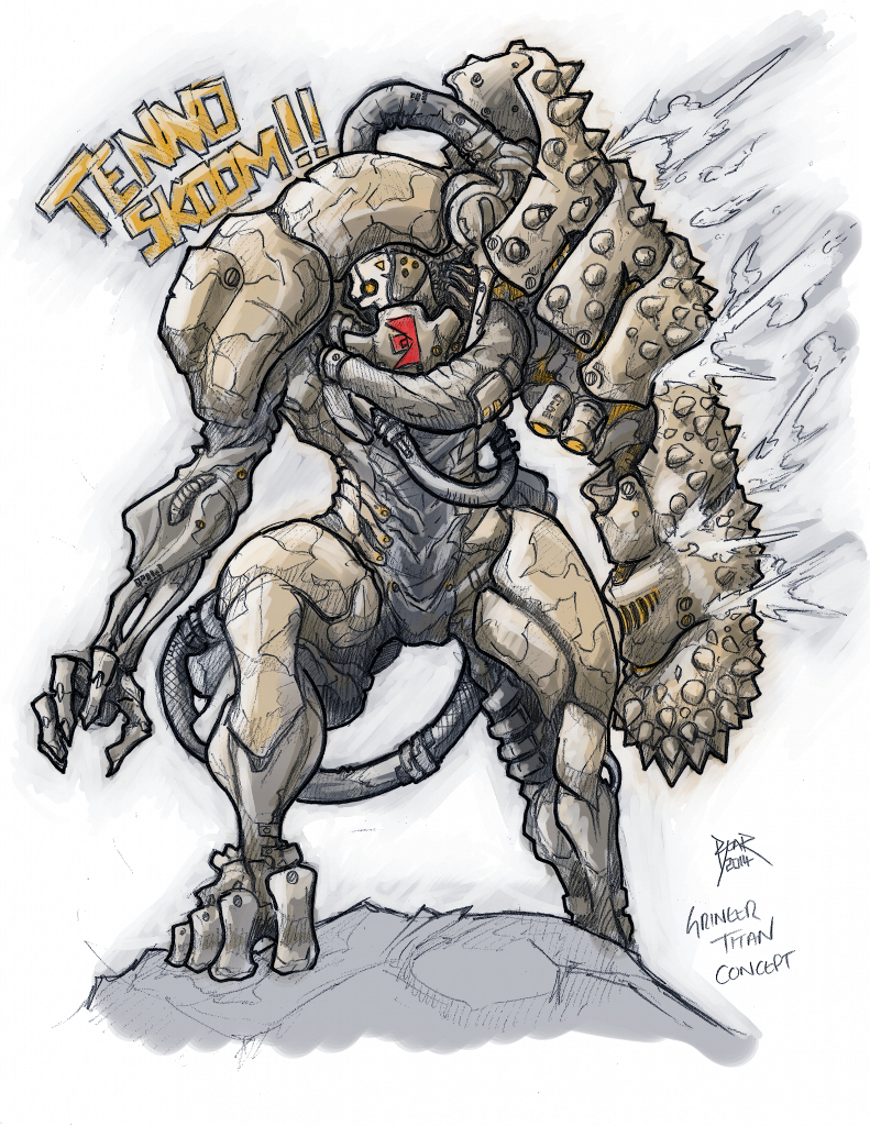 armor, artist_name, asymmetrical_armor, asymmetrical_arms, character_name, concept_art, covering_one_eye, english_text
