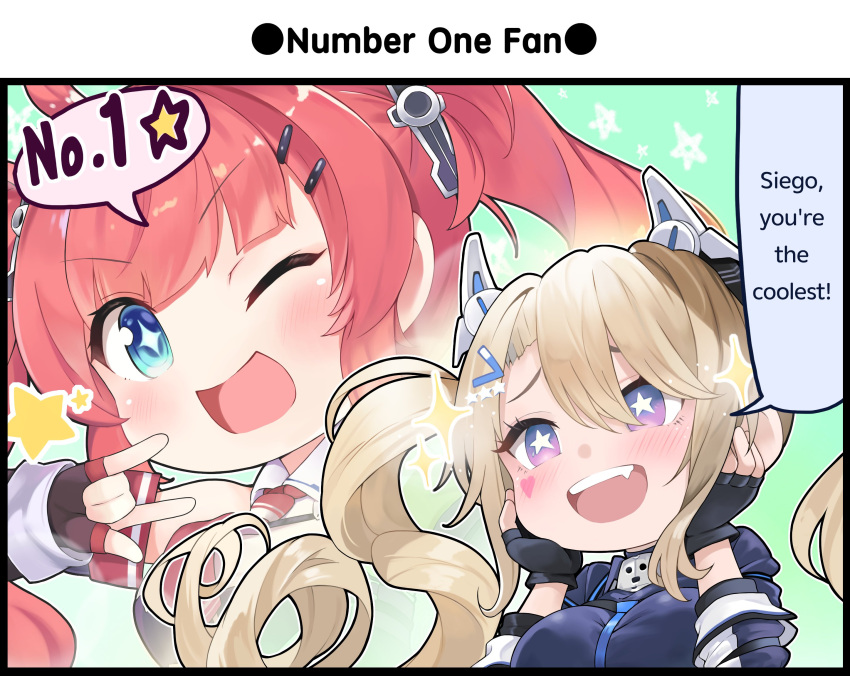 2girls, \m/, azur_lane, black_gloves, blonde_hair, blue_eyes, blush, breasts