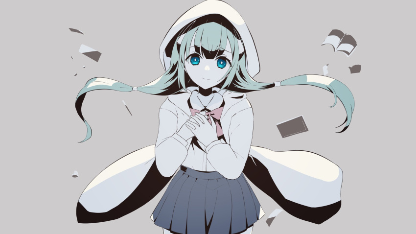 1girl, aqua_hair, blue_eyes, blue_skirt, book, bow, bowtie, closed_mouth