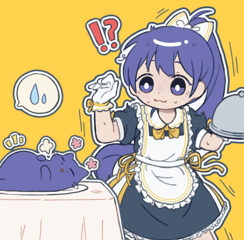 !?, 1girl, :3, ^^^, alternate_costume, apron, black_dress, blue_eyes