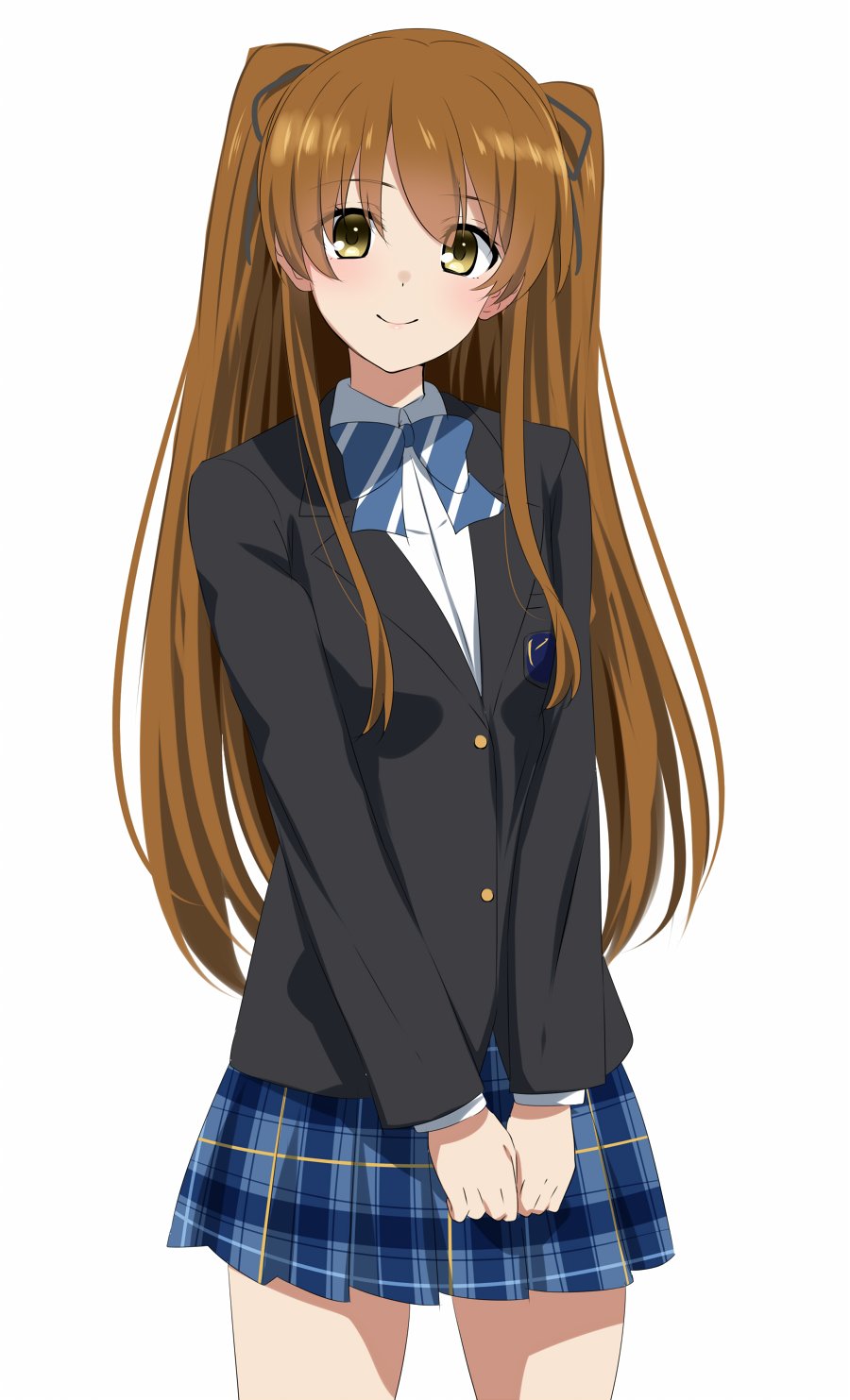 1girl, black_jacket, blazer, blue_bow, blue_bowtie, blue_skirt, bow, bowtie