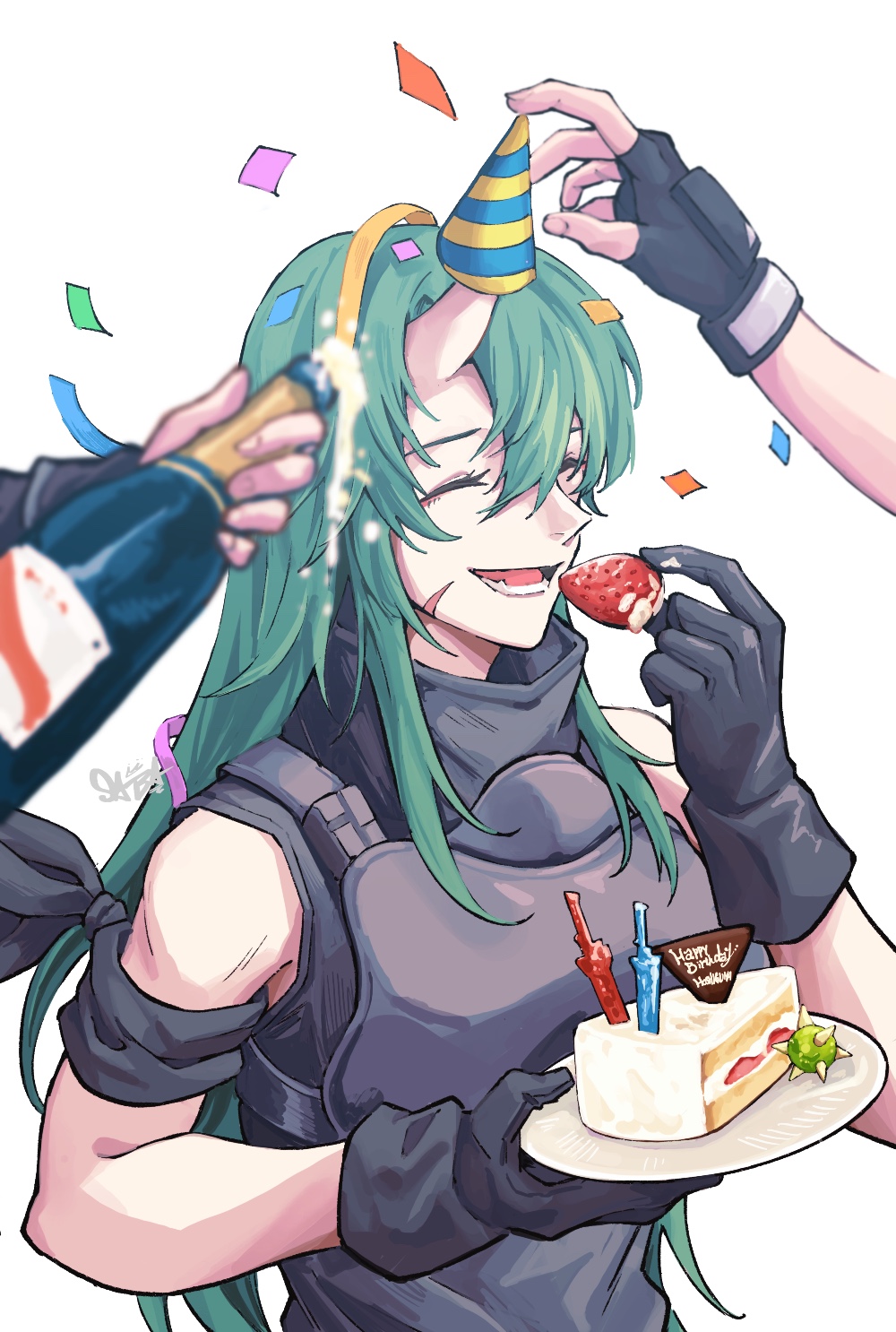 1girl, arknights, arm_scarf, armpit_crease, black_gloves, black_shirt, body_armor, bottle
