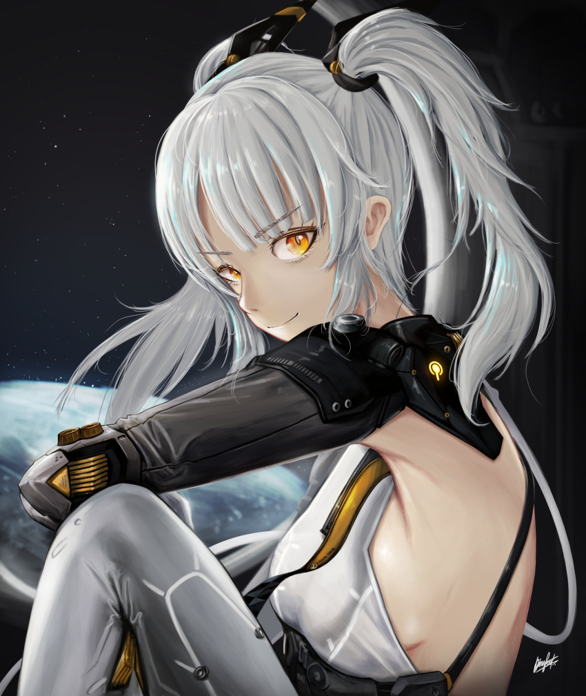 1girl, absurdres, backless_bodysuit, black_bodysuit, bodysuit, closed_mouth, dinnyforst, grey_hair, headgear, highres, joints, karenina:_scire_(punishing:_gray_raven), karenina_(punishing:_gray_raven), long_hair, looking_at_viewer, mechanical_arms, orange_eyes, punishing:_gray_raven, sidelocks, signature, solo, twintails, white_bodysuit