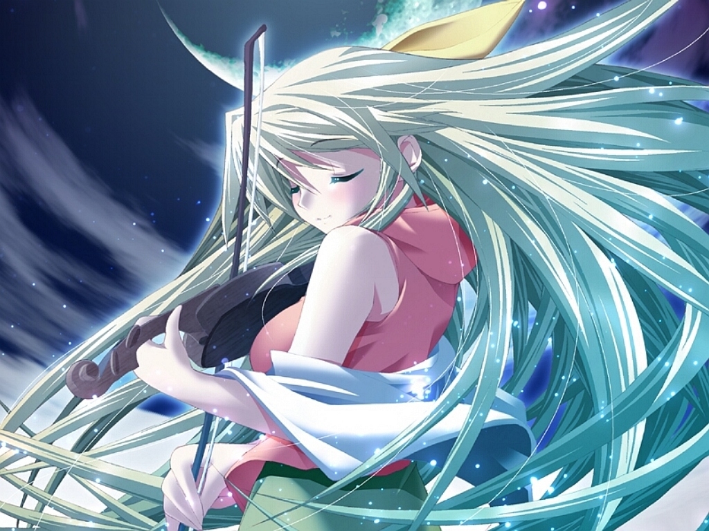 character_request, closed_eyes, game_cg, green_hair, hair_bow, instrument, kotamaru, moon
