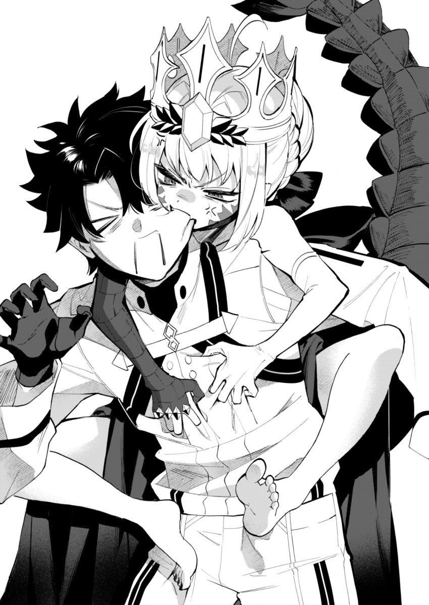 >_<, 1boy, 1girl, anger_vein, barefoot, biting, carrying, chaldea_uniform