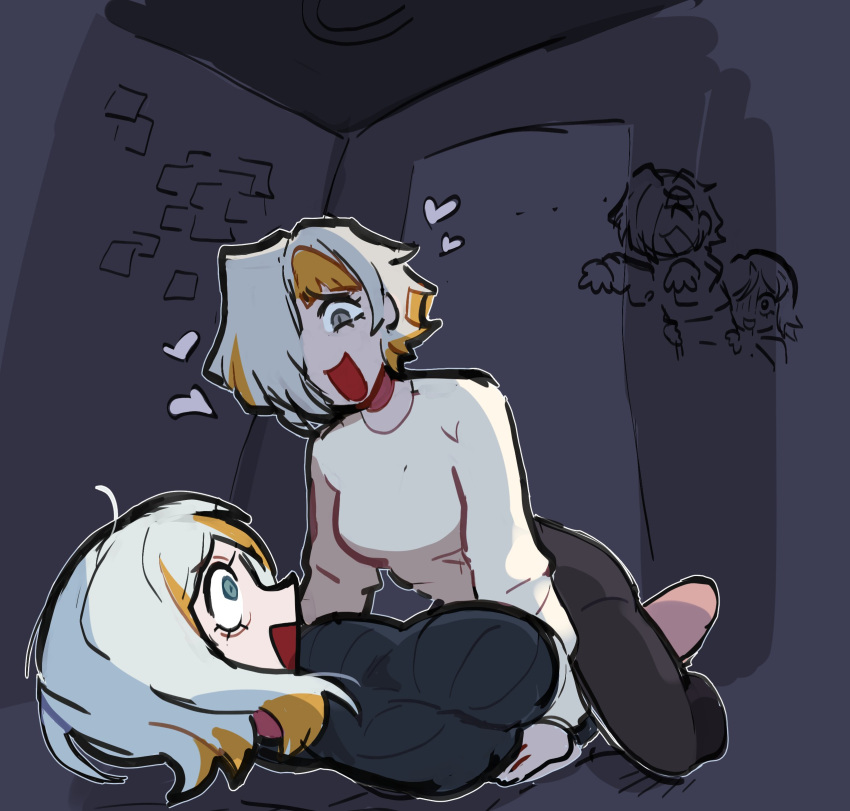 2girls, absurdres, aqua_eyes, bags_under_eyes, blonde_hair, breasts, chibi, door