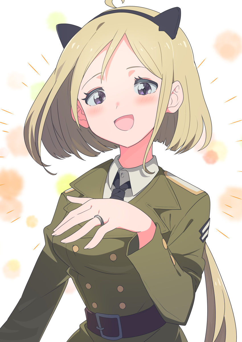 1girl, absurdres, ahoge, animal_ears, arm_up, belt, black_necktie, blonde_hair