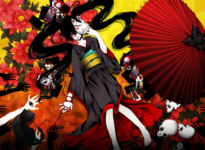 barefoot, black_hair, camellia_(flower), cat, flower, fox_mask, getsumen_chakuriku, hair_over_one_eye, hanafuda, hatsune_miku, highres, japanese_clothes, kimono, long_hair, mask, musunde_hiraite_rasetsu_to_mukuro_(vocaloid), oriental_umbrella, red_eyes, skull, smile, solo, twintails, umbrella, very_long_hair, vocaloid, yukata