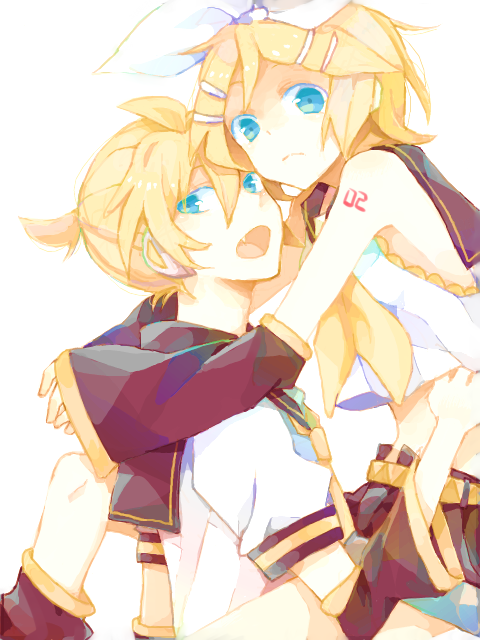 blue_eyes, fang, hair_ornament, hair_ribbon, hairclip, headphones, kagamine_len, kagamine_rin, ribbon, short_hair, shorts, siblings, tooru_(jux), twins, vocaloid