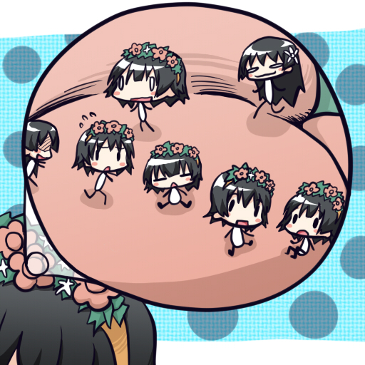 :3, black_hair, blush_stickers, chibi, flower, hair_flower, hair_ornament, head_wreath, long_hair, magnification, moja_(gibson), multiple_girls, saten_ruiko, short_hair, sweat, to_aru_kagaku_no_railgun, to_aru_majutsu_no_index, uiharu_kazari