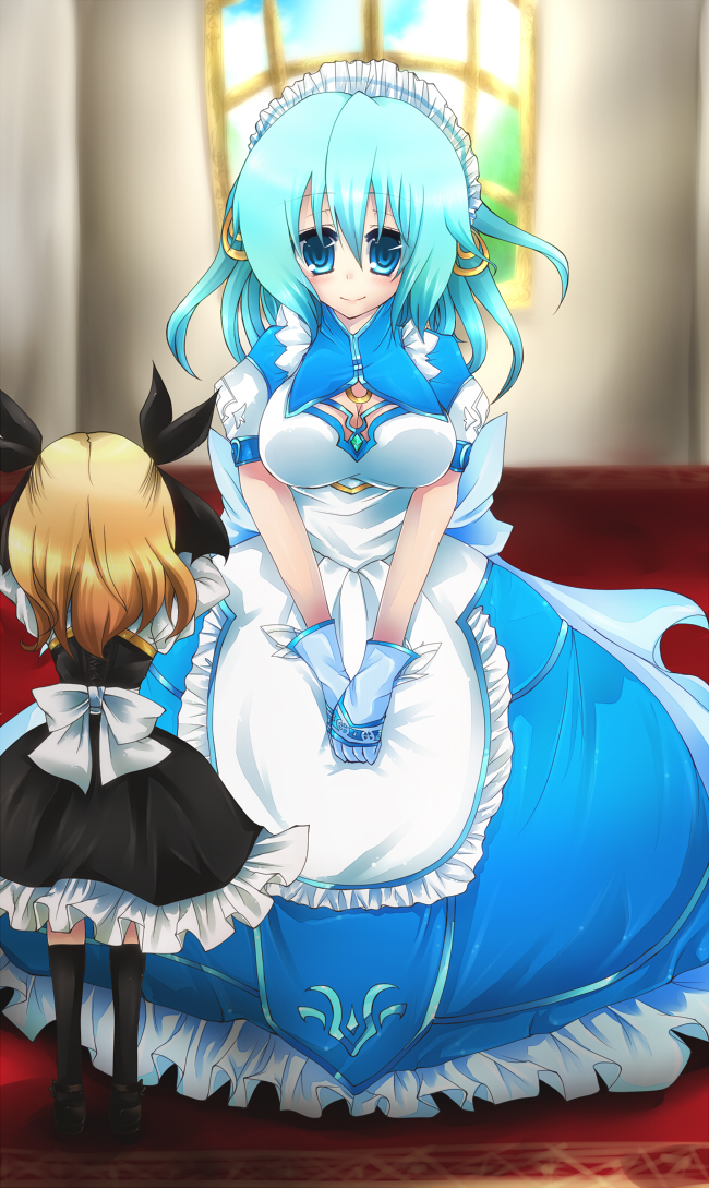 black_dress, blonde_hair, blue_dress, blue_eyes, blue_hair, breasts, cleavage, dress