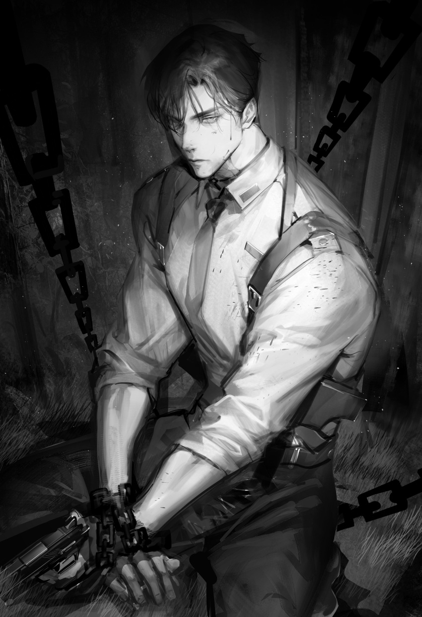 1boy, absurdres, belt, chain, closed_mouth, collared_shirt, cowboy_shot, crossed_arms