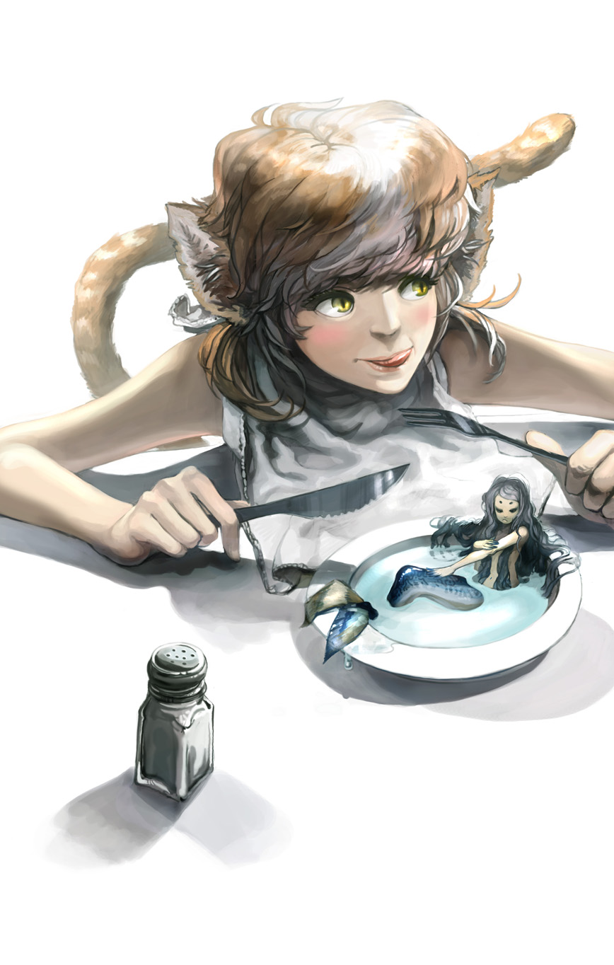 bowl, brown_hair, cat_ears, cat_tail, couple, fork, highres, hong