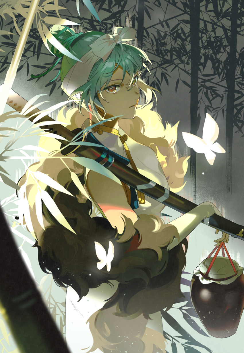 1girl, absurdres, blurry, blurry_foreground, bow, bow_hairband, brown_eyes, bug
