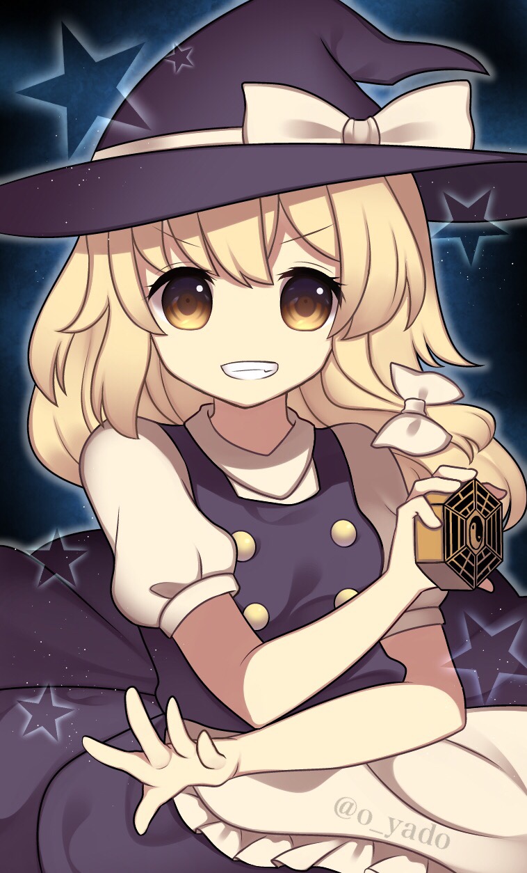 1girl, apron, black_headwear, black_skirt, black_vest, blonde_hair, bow, cowboy_shot