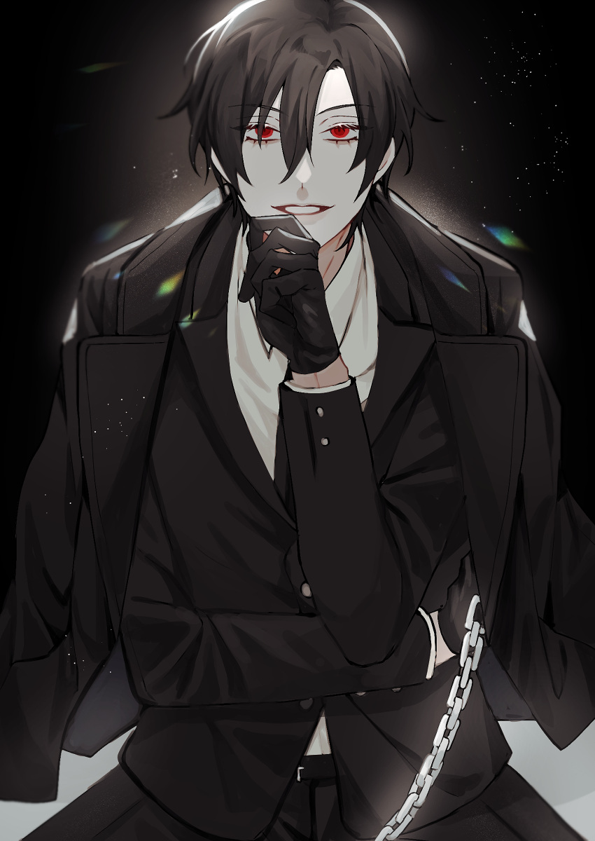 100_(artist), 1boy, bishounen, black_background, black_gloves, black_hair, black_suit, chain