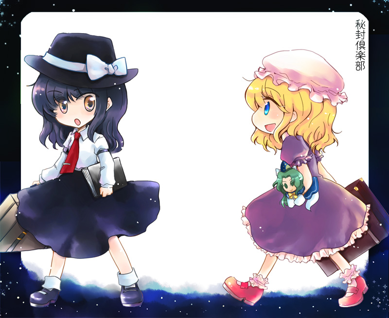 black_hair, blonde_hair, blue_eyes, book, character_doll, chibi, doll, hat