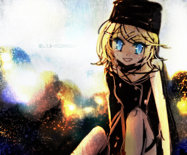 blue_eyes, hat, kagamine_rin, psycho-puzzle, short_hair, sitting, slzero, tears, vocaloid